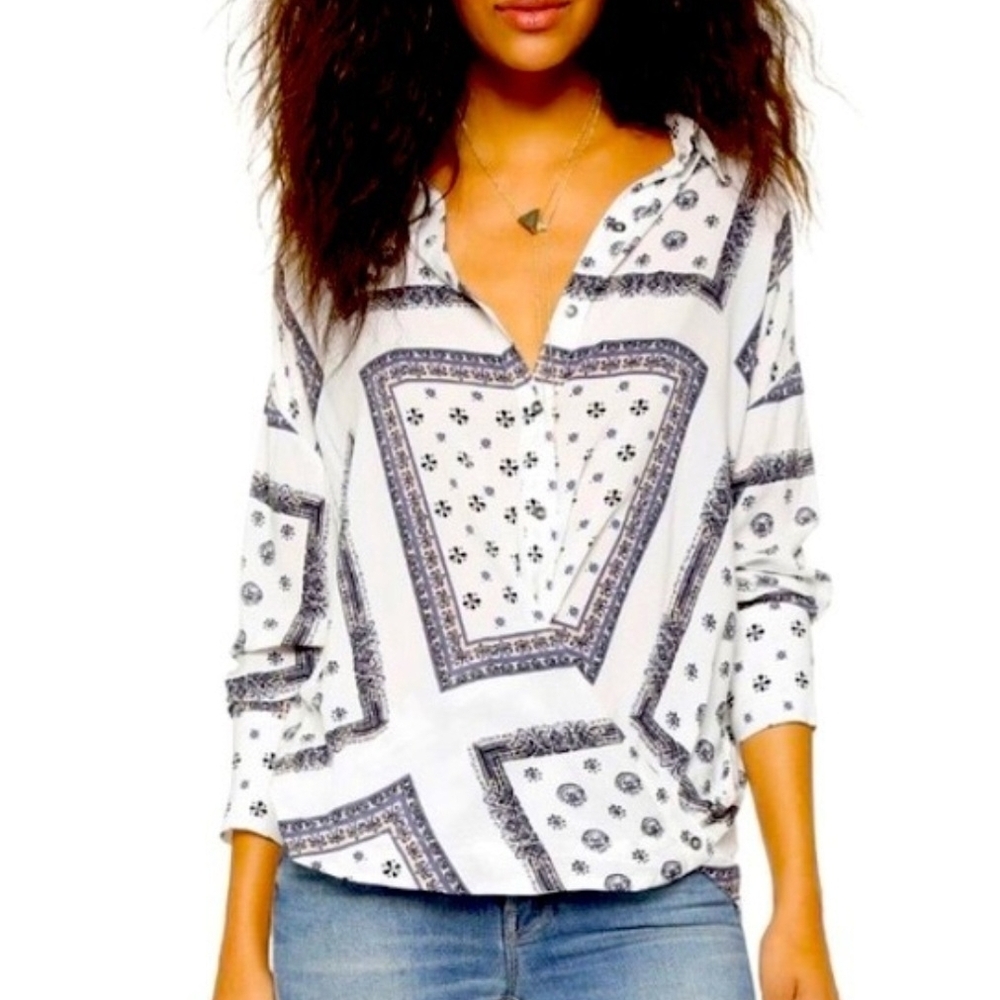 Free People "Little Secret" Bandana Blouse - Oversized Boho Top - Medium